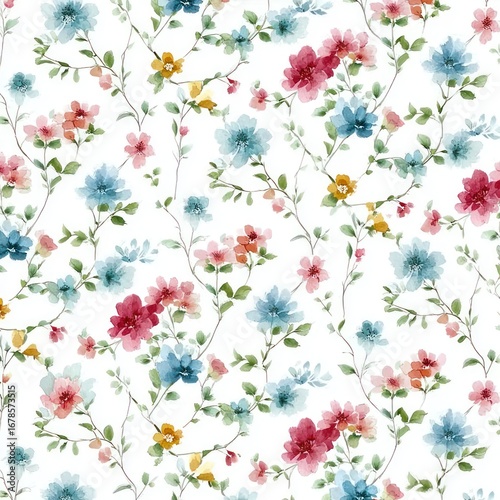 Seamless watercolor pattern of small floral and ribbon motifs on white background, featuring colorful flowers, blue bows, green leaves and vines, delicate antique English cottage garden style