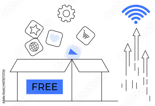 Open box labeled FREE releasing application icons, cogwheel, wireless signal, and arrows symbolizing innovation, growth, and connectivity. Ideal for technology, internet access, SaaS marketing