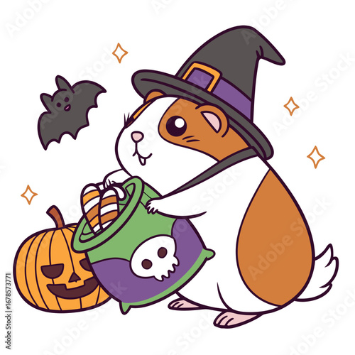 Delightful Silly Guinea pig in a Halloween scene with hugging a pillow – Spooky Fun vector illustration