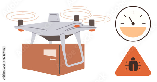 Quadcopter carrying a package, speedometer indicating performance, and warning sign with bug icon. Ideal for technology, logistics, delivery, safety, automation innovation transportation. Simple flat