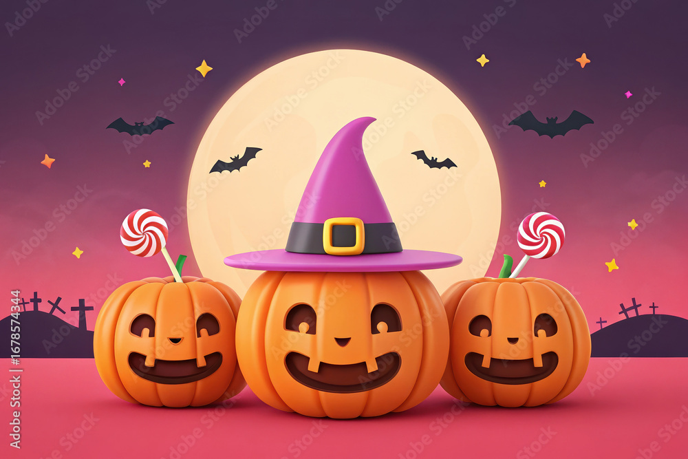 Fototapeta premium Cartoon Halloween Scene with Pumpkins, Witch Hat, Lollipops, Moon, and Bats for Festive Greetings and Seasonal Fun