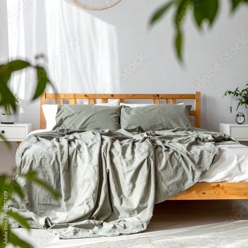 Neutral bedroom with sage green bedding