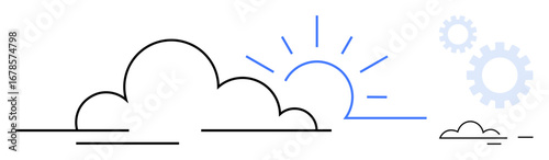 Minimalistic clouds with a sun rising above, radiating blue rays, accompanied by faint gear outlines. Ideal for technology, innovation, new ideas, change, progress morning strategy. Simple flat