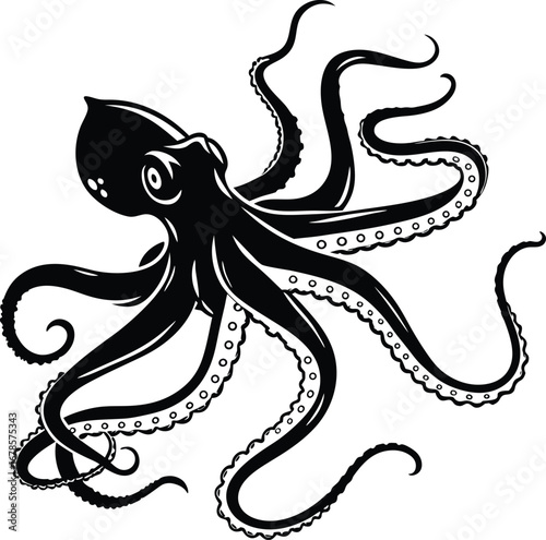 Flat vector icon of an octopus with extended tentacles in silhouette