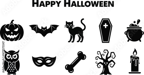 Halloween icon set featuring pumpkin, bat, cat, coffin, cauldron, owl, mask, bone, tree, and candle for festive designs