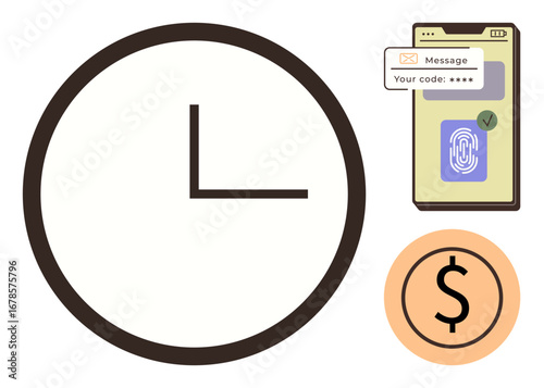 Analog clock, smartphone with biometric confirmation and code, dollar sign circle. Ideal for security, finance, time efficiency, authentication, technology digital banking productivity. Minimalist