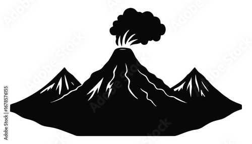 Dramatic black and white image of erupting volcano surrounded by mountains