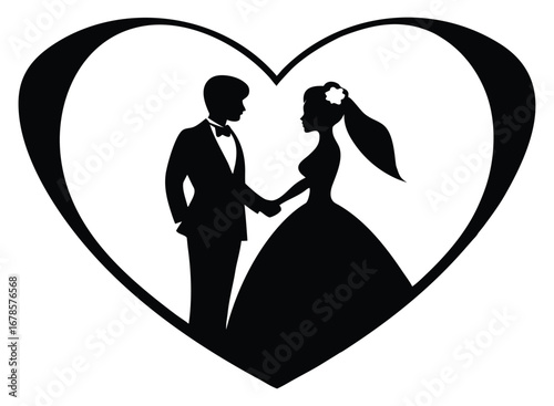 Elegant Wedding Silhouette of Bride and Groom Inside Heart Vector Design