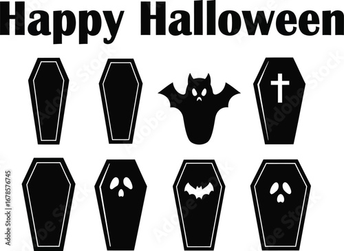 Happy halloween coffins and bat silhouettes for spooky designs, perfect for holiday decorations and themed projects