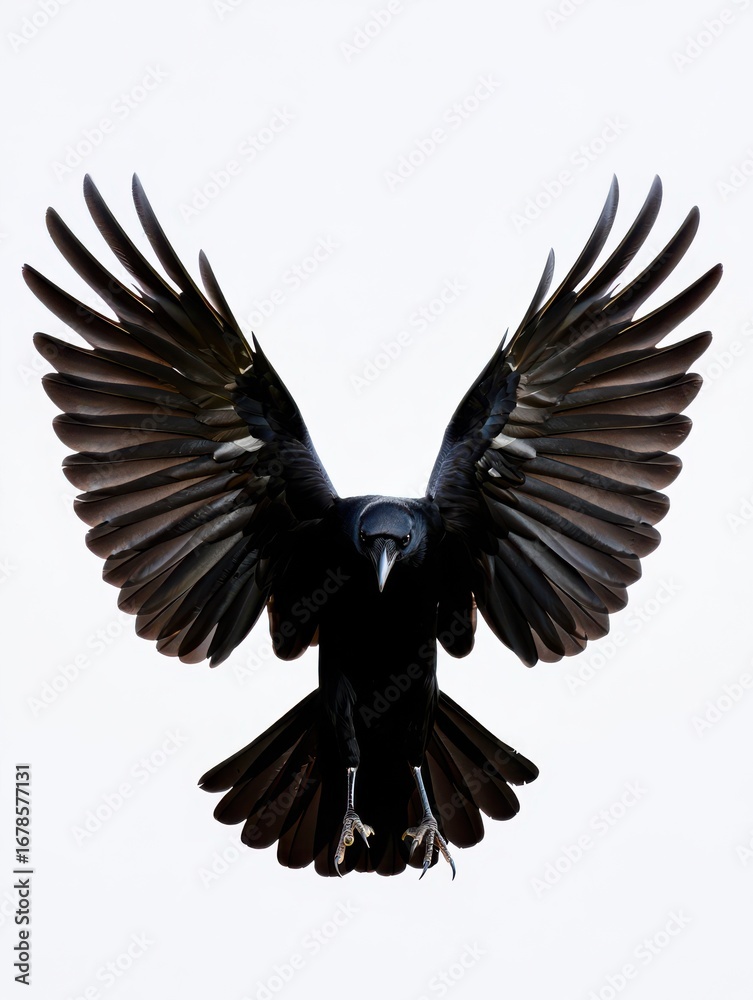 Obraz premium A striking black bird with outstretched wings flies through the air against a soft light background. The wings are fully extended, showcasing the bird's powerful physique and majestic presence