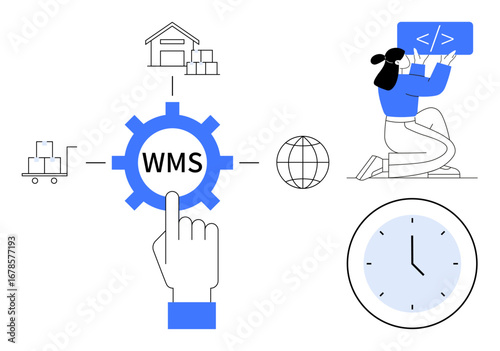 Gear with WMS label, warehouse, cart, world globe, clock, hand clicking icon, developer coding. Ideal for logistics, automation software supply chain time management global access simple landing