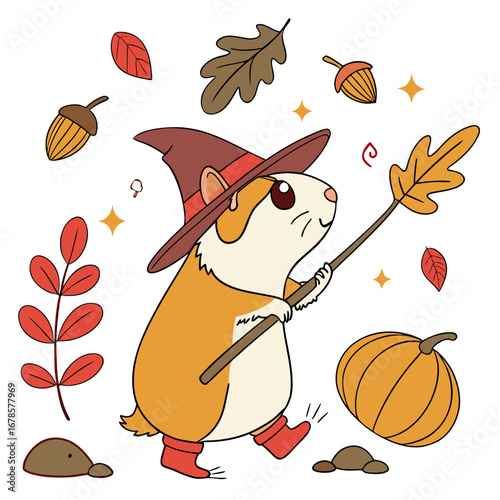 Cute Cheerful Guinea pig, accessorized with with a magic wand, in a Autumn world – Autumn Leaves palette vector