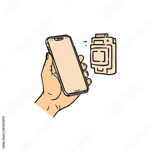 A hand holding a smartphone interacting with a smart device, showing connection.