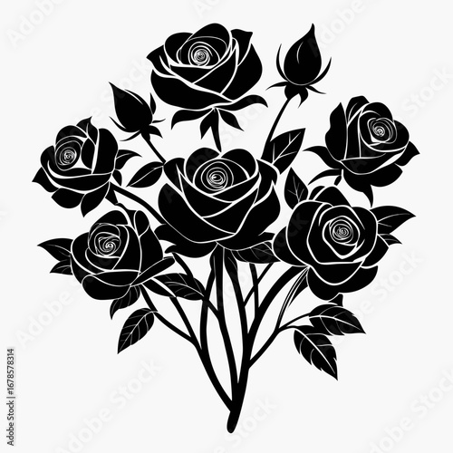 Mystic Roses Bundle Black Silhouette Vector Illustration on White Background