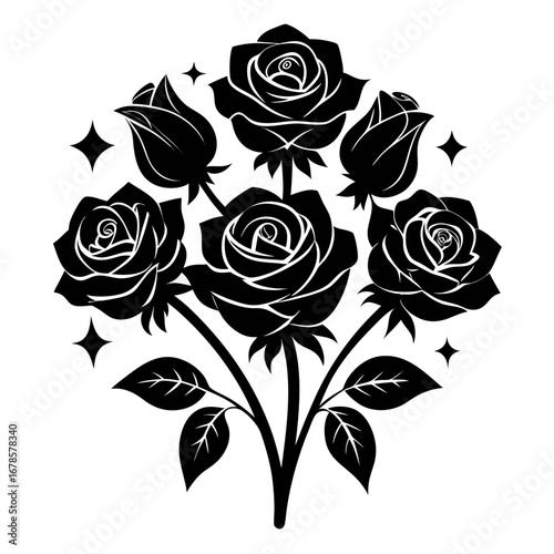 Mystic Roses Bundle Black Silhouette Vector Illustration on White Background
