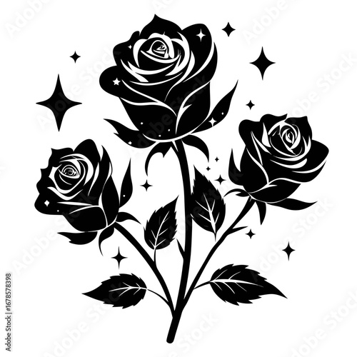 Mystic Roses Bundle Black Silhouette Vector Illustration on White Background