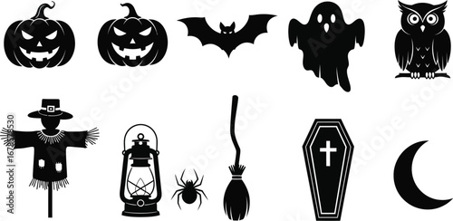 Halloween icon set with spooky ghost, pumpkin, bat, owl, spider, scarecrow, moon and coffin holiday design elements
