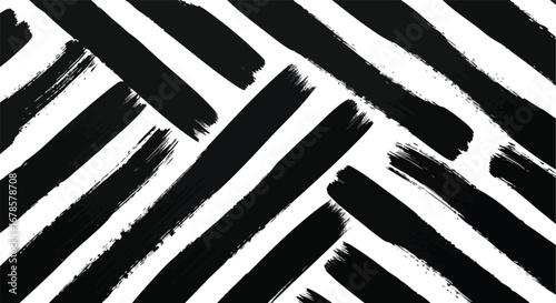 Abstract black and white diagonal brush strokes pattern, textured, graphic design.