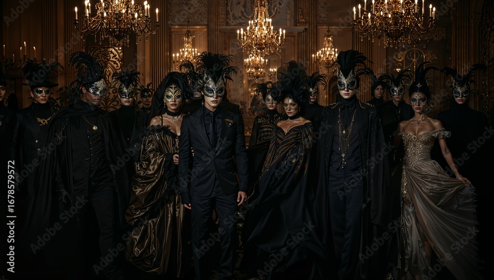 Naklejka premium Elegant Halloween Masquerade Ball with Gothic Masks and Candlelit Luxury , Halloween fashion , luxury fashion , royal ball costumes party image illustration photo