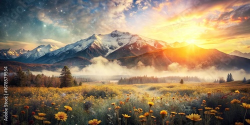 Double Exposure Mountain Meadow Wildflowers - Sunlit Landscape Photography