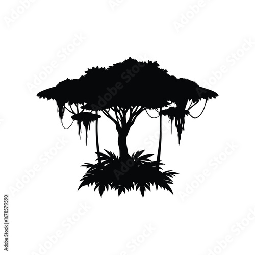 A detailed black silhouette of a tropical rainforest tree with hanging vines, jungle canopy silhouette vector illustration
