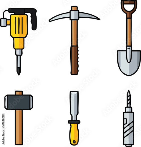 This clear vector illustration presents a useful assortment of common construction and manual labor equipment, perfect for building, demolition, and DIY tasks.