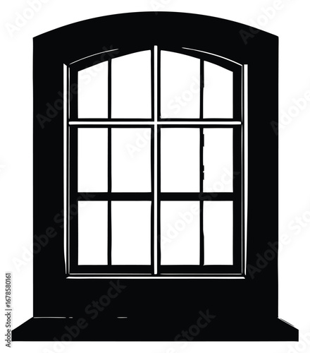 Black and white illustration of a vintage window with panes and sill