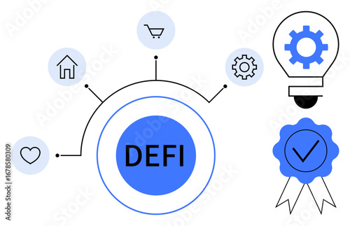 DEFI in bold circle, linked to icons representing home, shopping, love, settings. Includes gear bulb for innovation and certification badge for trust. Ideal for fintech, blockchain, innovation