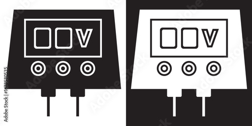 Digital voltage meter line and inverse icon. Minimalist illustration of a digital voltage meter device, showing both light and dark theme line art for technical or educational use.

