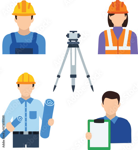 Vibrant flat design icons depict a diverse construction and engineering workforce, including male and female professionals, an architect, and a surveyor's tripod.