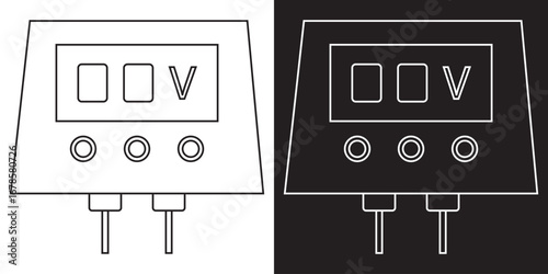 Digital voltage meter line and inverse icon. Minimalist illustration of a digital voltage meter device, showing both light and dark theme line art for technical or educational use.

