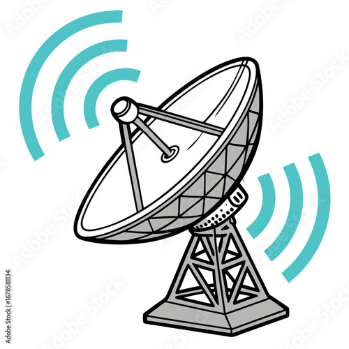A large white satellite dish antenna points skyward, a beacon of modern communication technology