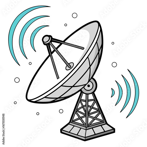 A modern satellite dish antenna receives a digital broadcast signal against a clear blue sky