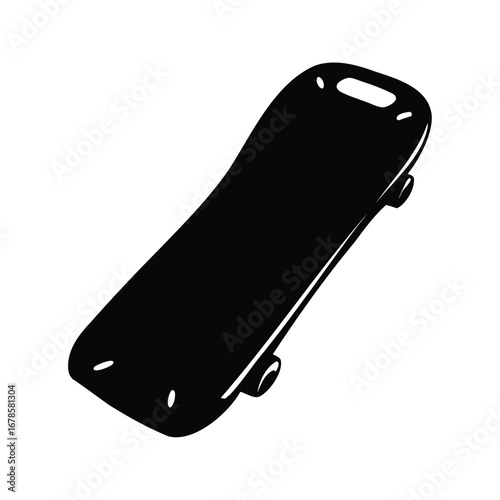 A stylized black silhouette illustration of a skateboard on a white background, kickboard silhouette vector illustration
