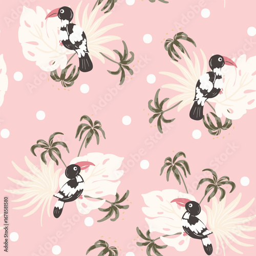 Pretty palms and lilies with toucan birds enjoying nature, as a maximalist botanical garden pattern in colors of off white, green, black and pink. Tropical floral seamless vector pattern. Home decor.