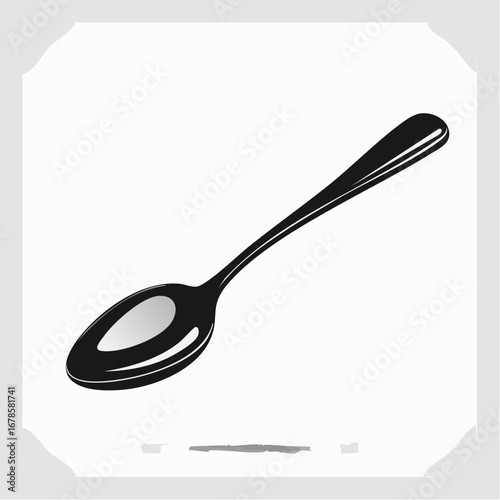 A sleek black spoon with a reflective surface, isolated on a white background, depicted in a minimalist style.