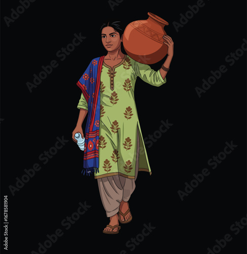 Vector Illustration of Person in Green Kurta and Dupatta Carrying Clay Pot on Shoulder in Traditional South Asian Style