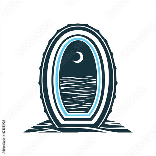 Mystical Mirror Portal with Crescent Moon Reflection Mirror Portal An oval mirror with concentric ripples a small crescent moon reflected in its surface