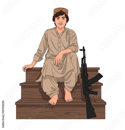Young Boy in Traditional Clothes Sitting on Steps with a Rifle Vector Illustration