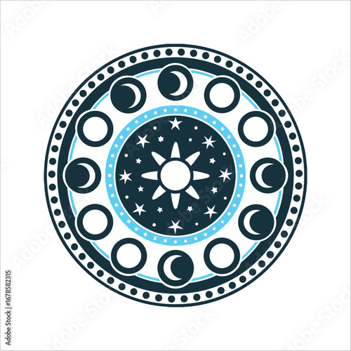 Lunar Phases Mandala: Wheel of the Moon Lunar Wheel Eight moon phases arranged in a circular mandala with the full moon emphasised at the top
