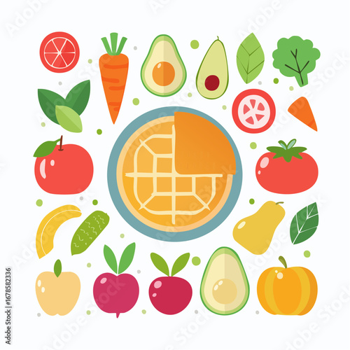 A vibrant flat lay illustration featuring a variety of fresh fruits and vegetables surrounding a central pie or tart, depicting healthy eating.