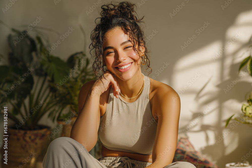 Fototapeta premium Smiling young woman with curly hair enjoying a sunny day indoors surrounded by lush green plants