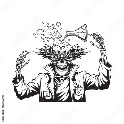 Vector art of crazy skeleton scientist with flask making an experiment