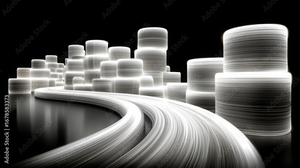 Fototapeta premium Roadway adorned with stacks of coins representing wealth and financial growth in a dynamic urban environment
