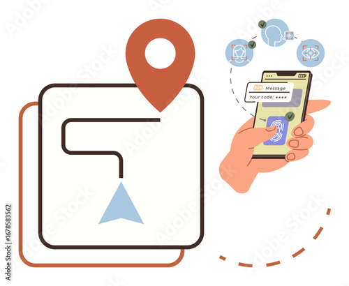 Route map with location pin aligned to a mobile phone featuring fingerprint and passcode input. Ideal for navigation, cybersecurity, technology, user authentication, connectivity, app interface