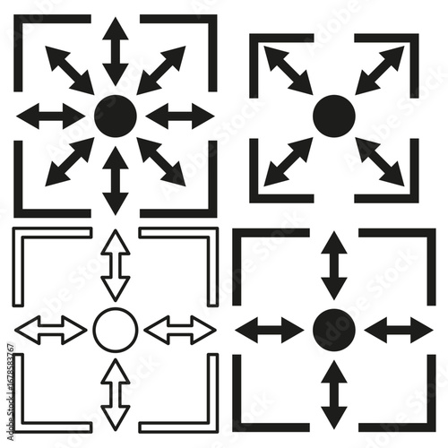 Expansion and contraction icons. Black vector graphic symbols. Directional arrow illustration. Geometric motion concept.