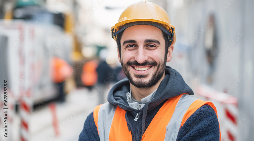 Fototapeta premium Türkischer Bauarbeiter auf Baustelle in Deutschland