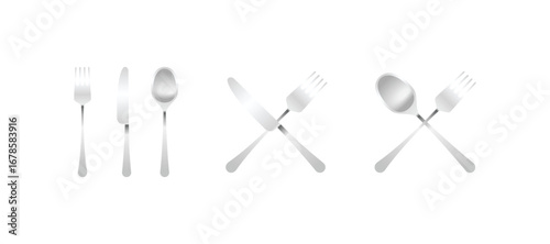 Elegant vector set of silver cutlery. This modern illustration includes a fork, knife, and spoon, with separate and crossed designs, perfect for sophisticated restaurant menus, high-end food branding