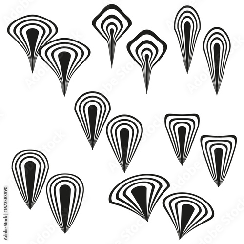 Abstract teardrop shapes. Symmetrical liquid pattern. Black and white graphic. Vector decorative elements.