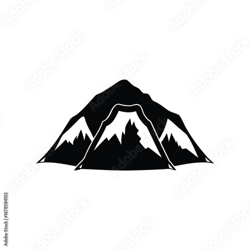 Monochrome abstract vector representation of majestic mountain range in stark simplicity, mountain climbing tent silhouette vector illustration